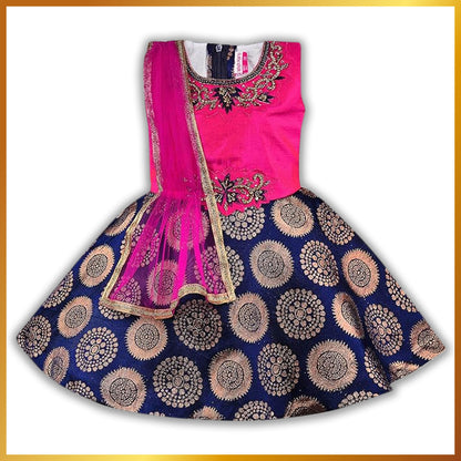 Pink and Navy Blue Ethnic Design Printed Dress