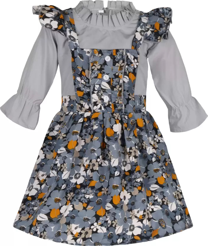 Grey Floral Printed Dungaree Dress