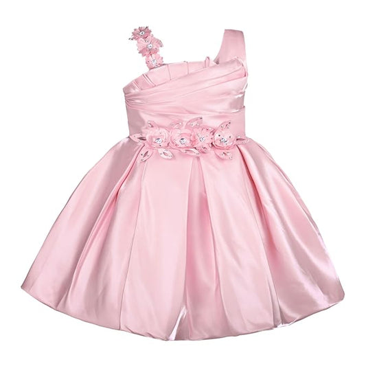 Girls Satin Embellished Flower Detailed Fit and Flare Dress