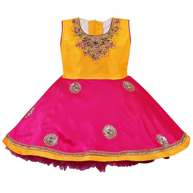 Pink and Yellow Embroidered A-Line Dress