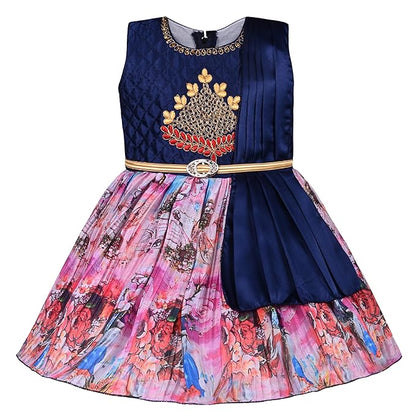 Girls Knee Length Satin Floral Print Dress