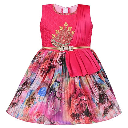 Girls Knee Length Satin Floral Print Dress