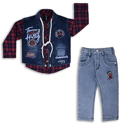 Boys Checked Shirt Clothing Set With Denim Waist Coat