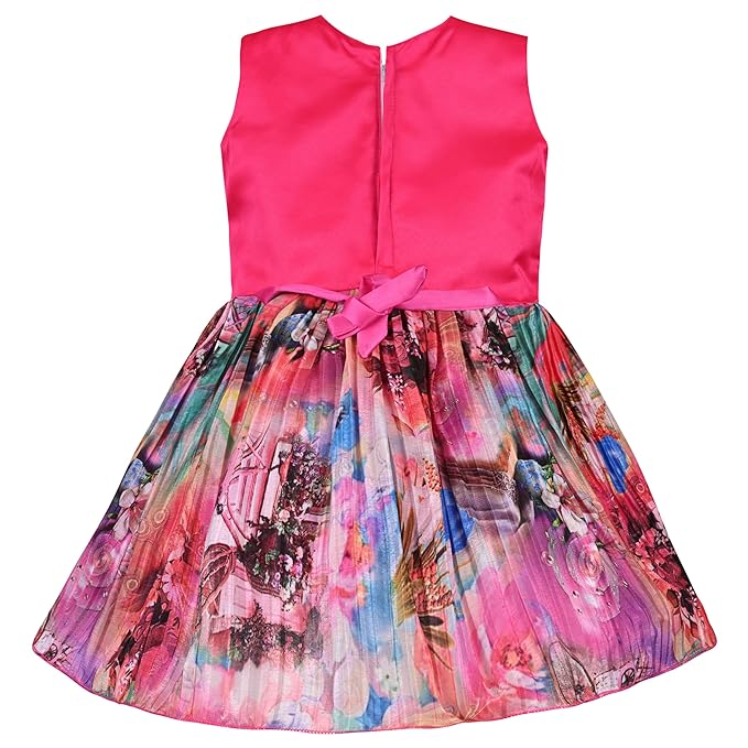 Girls Knee Length Satin Floral Print Dress