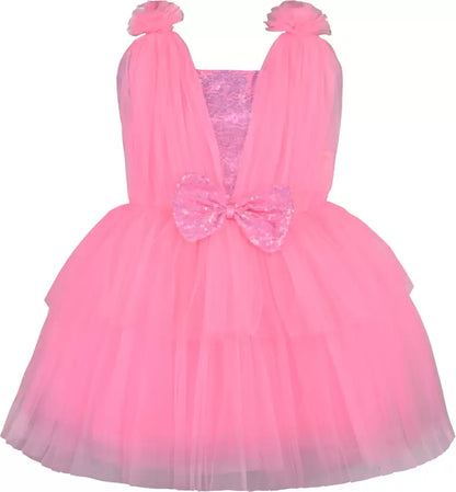 Girls Solid Embellished Pink Net Dress