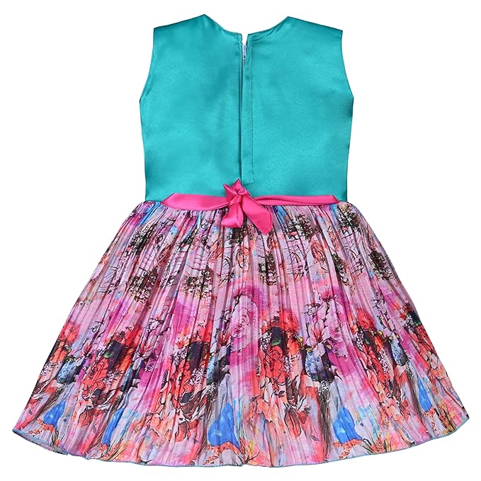 Girls Knee Length Satin Floral Print Dress