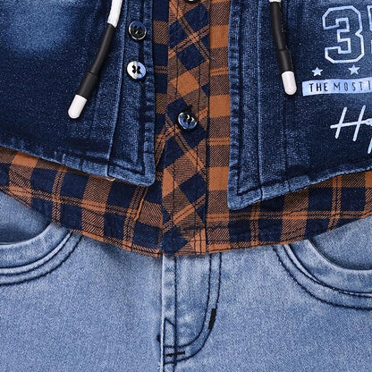 Boys Checked Shirt Clothing Set With Denim Waist Coat