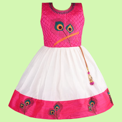 Girls Peacock Embroidered Pleated Dress