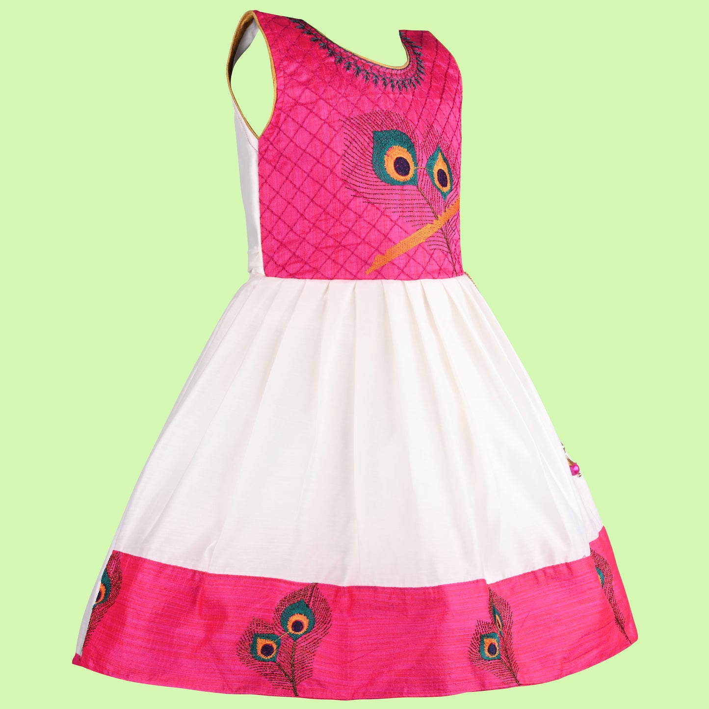 Girls Peacock Embroidered Pleated Dress