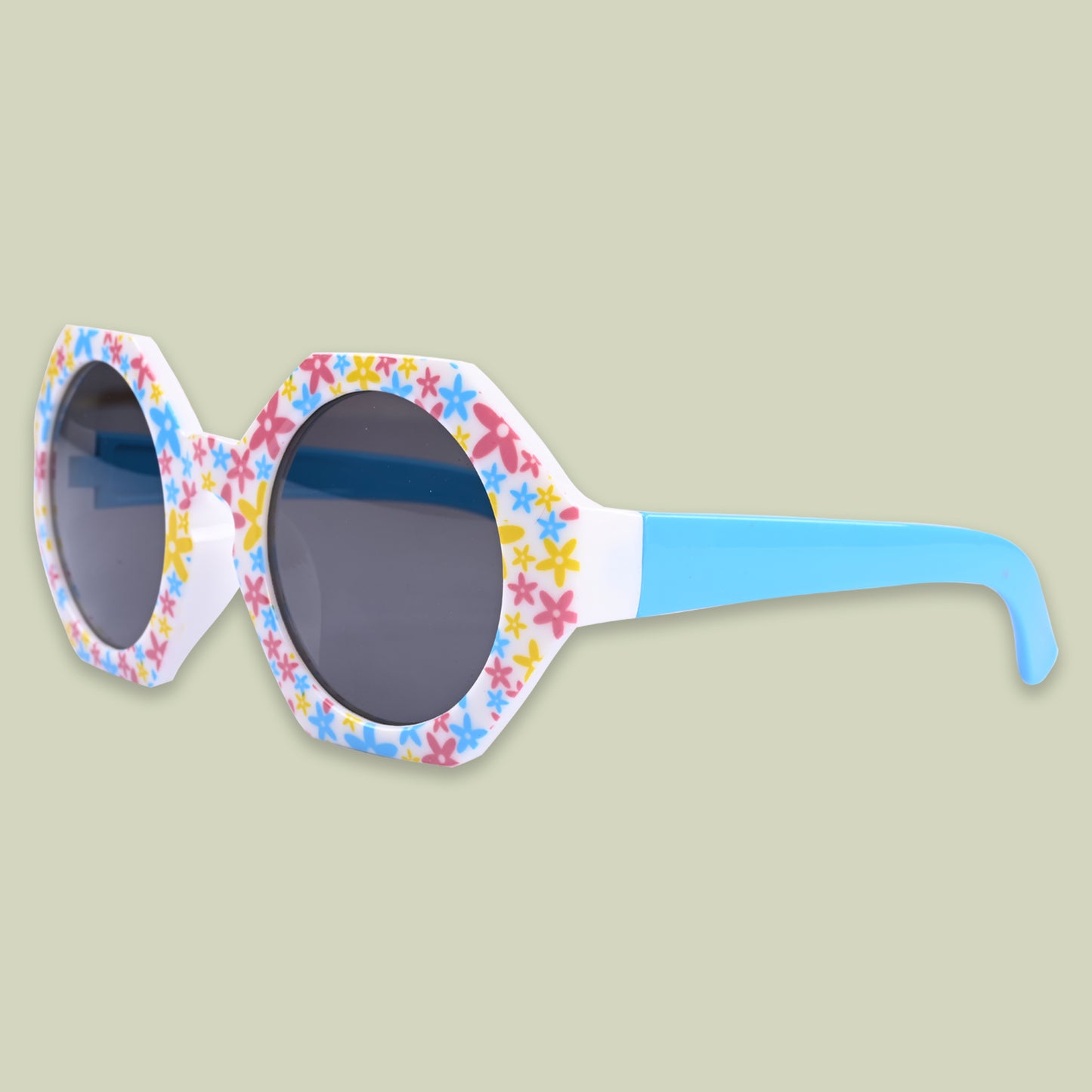 Baby Girls Round Frame Flower Printed Sunglass (Blue)