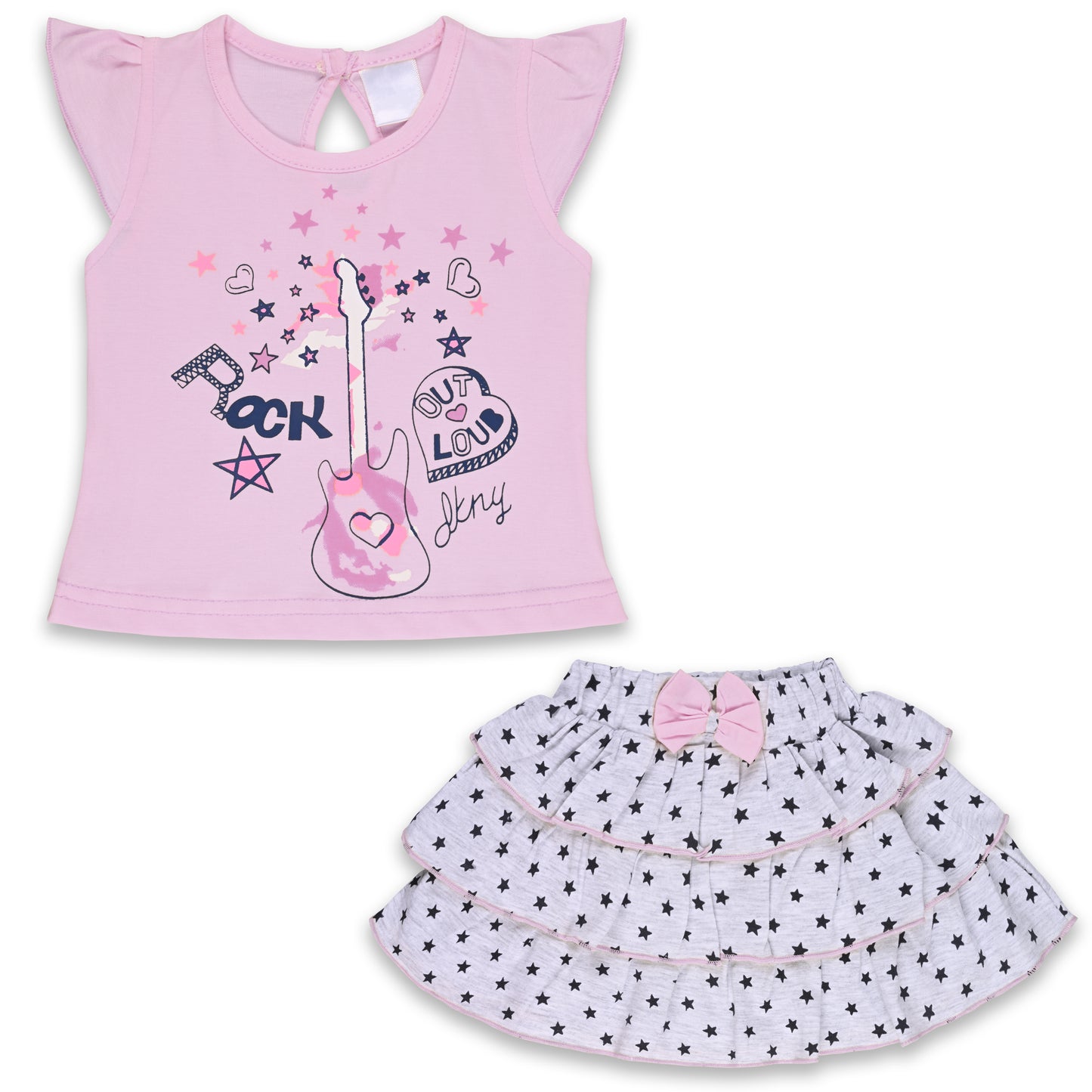 Girls Printed T-Shirt And Polka Dot Printed Skirt