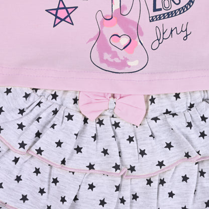 Girls Printed T-Shirt And Polka Dot Printed Skirt