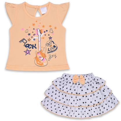 Girls Printed T-Shirt And Polka Dot Printed Skirt