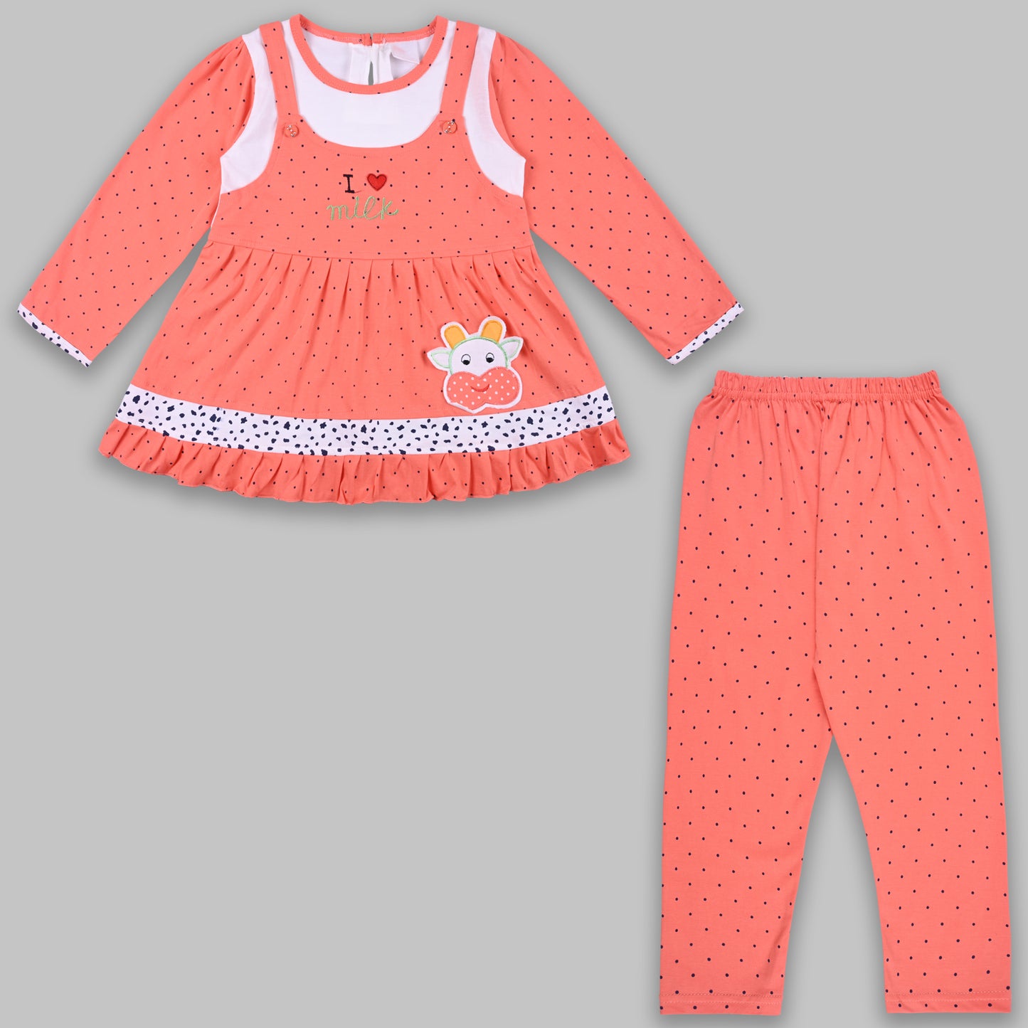 Girls Polka And Applique Print Top And Pant Full Sleeve Clothing Set