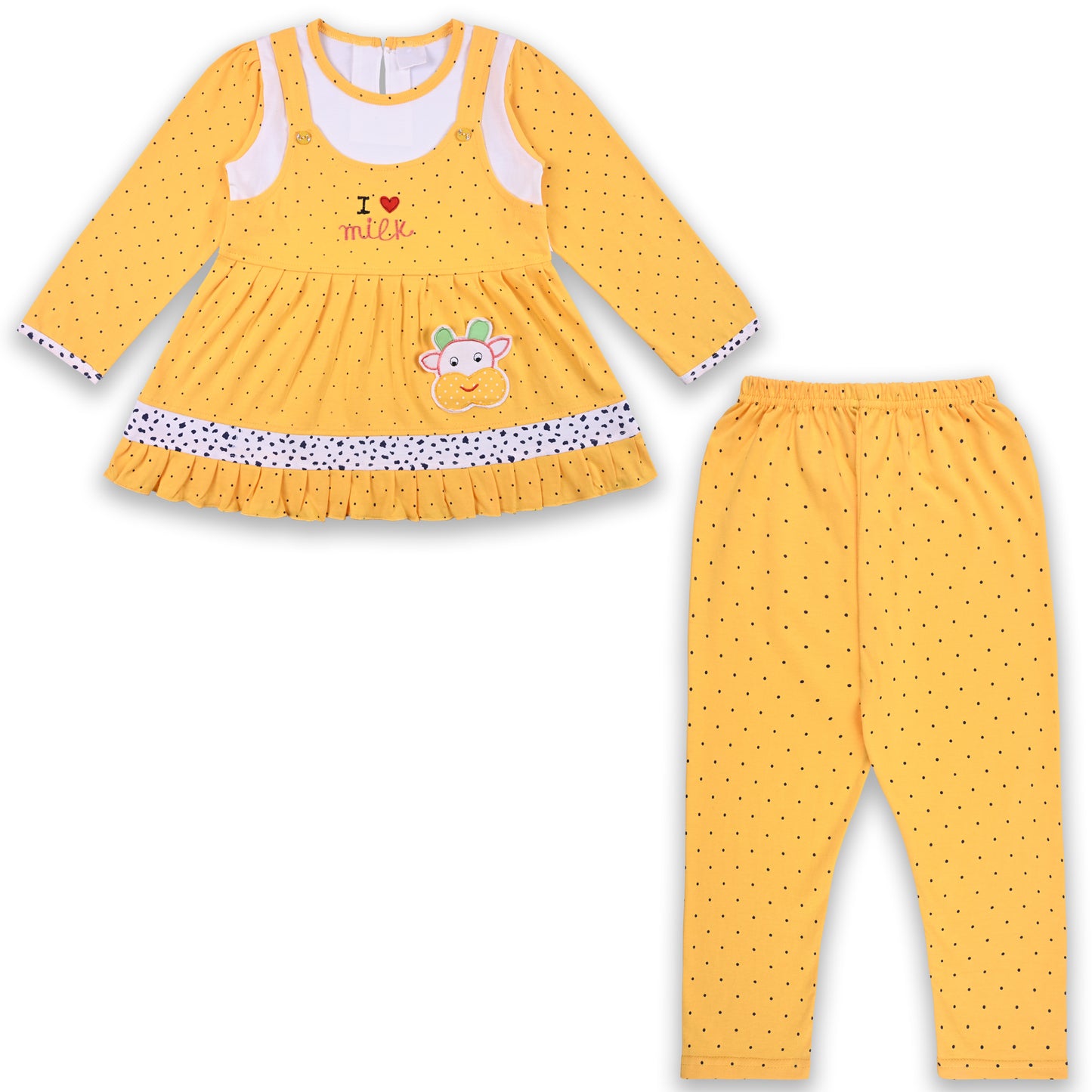 Girls Polka And Applique Print Top And Pant Full Sleeve Clothing Set