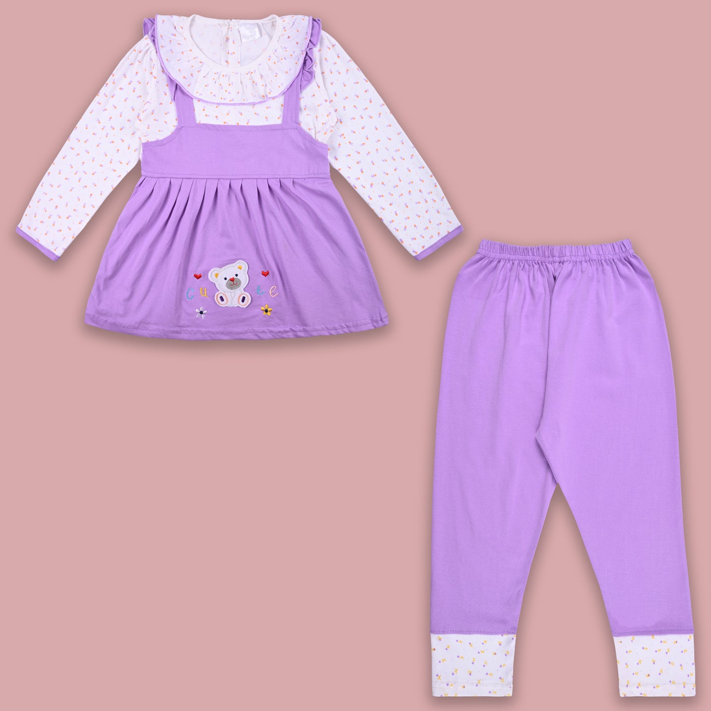 Girls Polka And Applique Print Top And Pant Full Sleeve Clothing Set