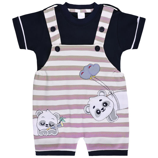 Baby Boys Striped and Printed T-Shirt and Shorts Dungaree Set