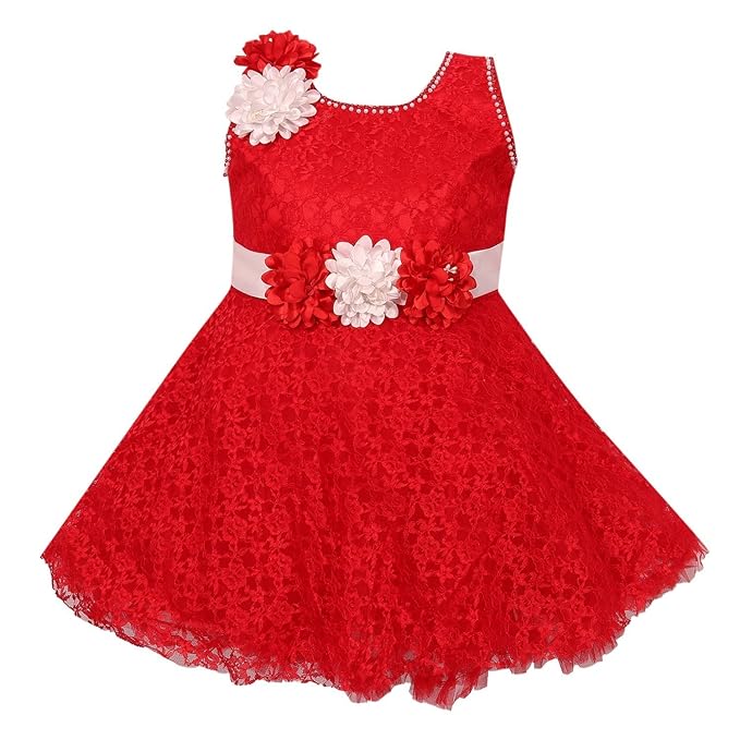 Girls Red Net Fabric Solid A-Line Frock Dress