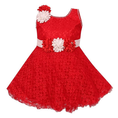 Girls Red Net Fabric Solid A-Line Frock Dress