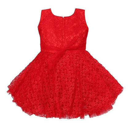 Girls Red Net Fabric Solid A-Line Frock Dress