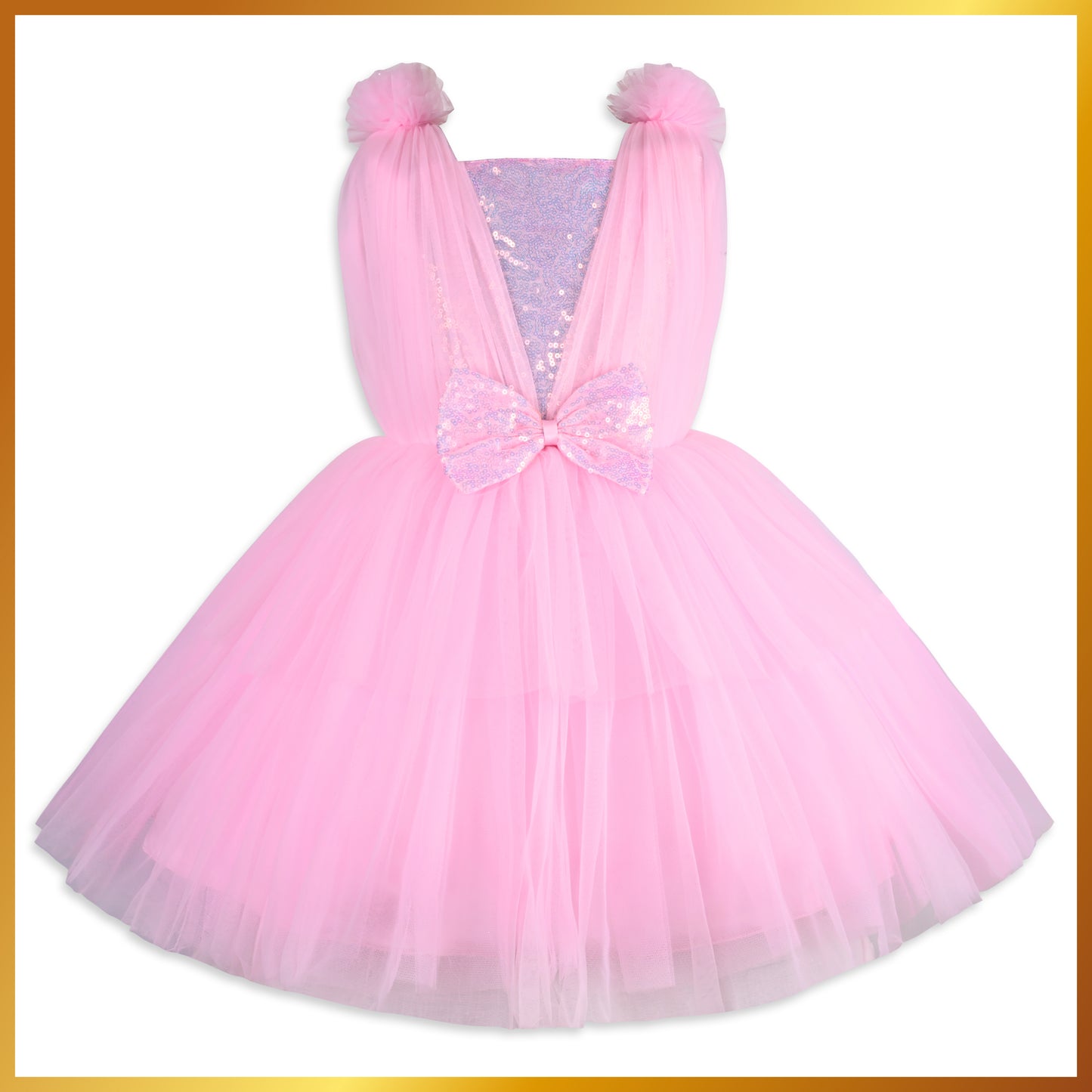 Girls Solid Embellished Pink Net Dress