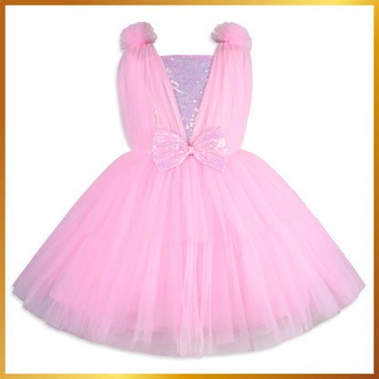 Girls Solid Embellished Pink Net Dress