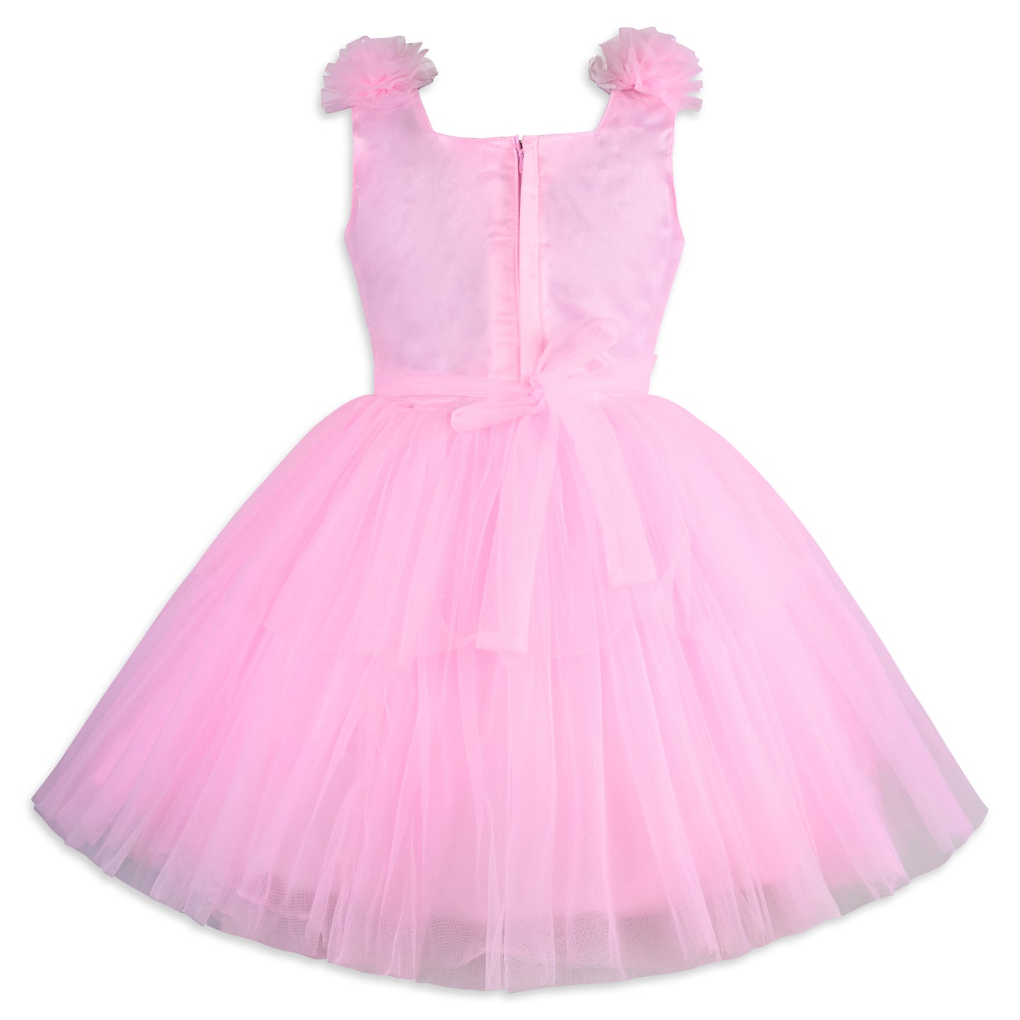 Girls Solid Embellished Pink Net Dress