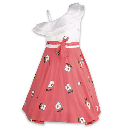 Girls Floral Print One shoulder Sleeve A-Line Frock Dress