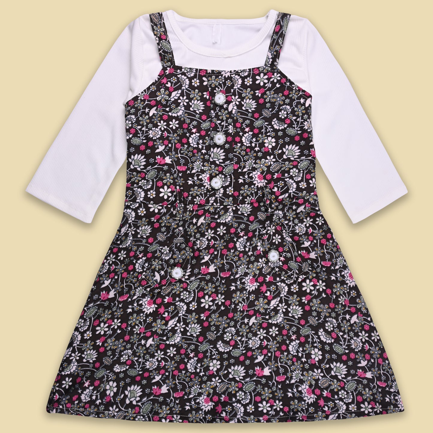 Girls Floral Print Full Sleeve Top and Dungaree Set