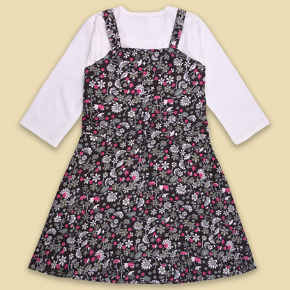 Girls Floral Print Full Sleeve Top and Dungaree Set