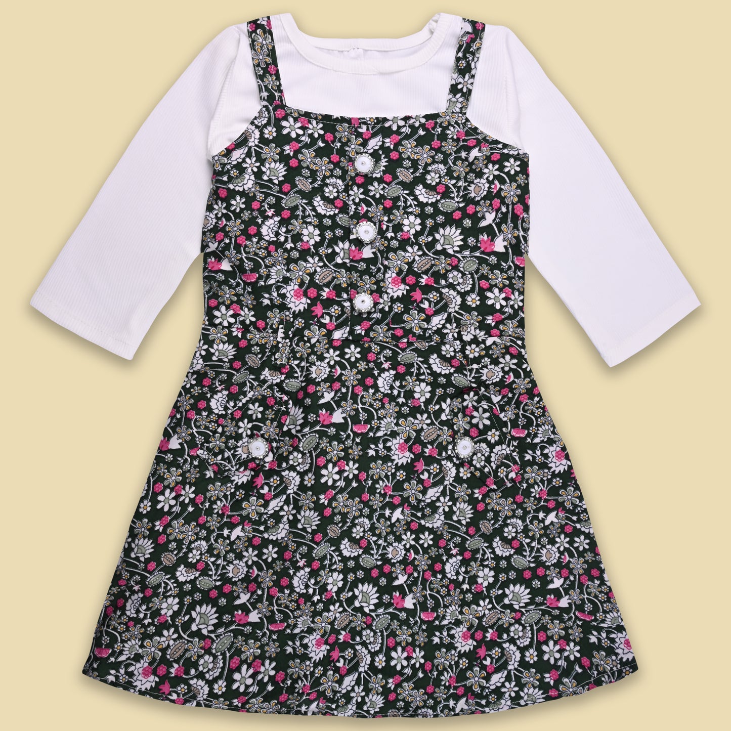 Girls Floral Print Full Sleeve Top and Dungaree Set