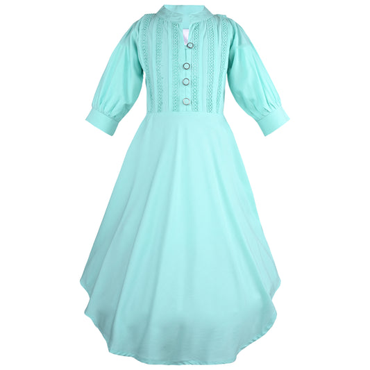 Girls Solid Fit and Flare Bell Sleeve Frock Dress