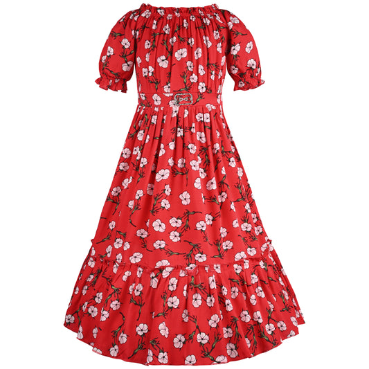 Girls Floral Print With Puff Sleeve Fit and Flare Frock Dress