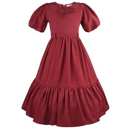 Girls Solid Puff Sleeve Fit and Flare Frock Dress