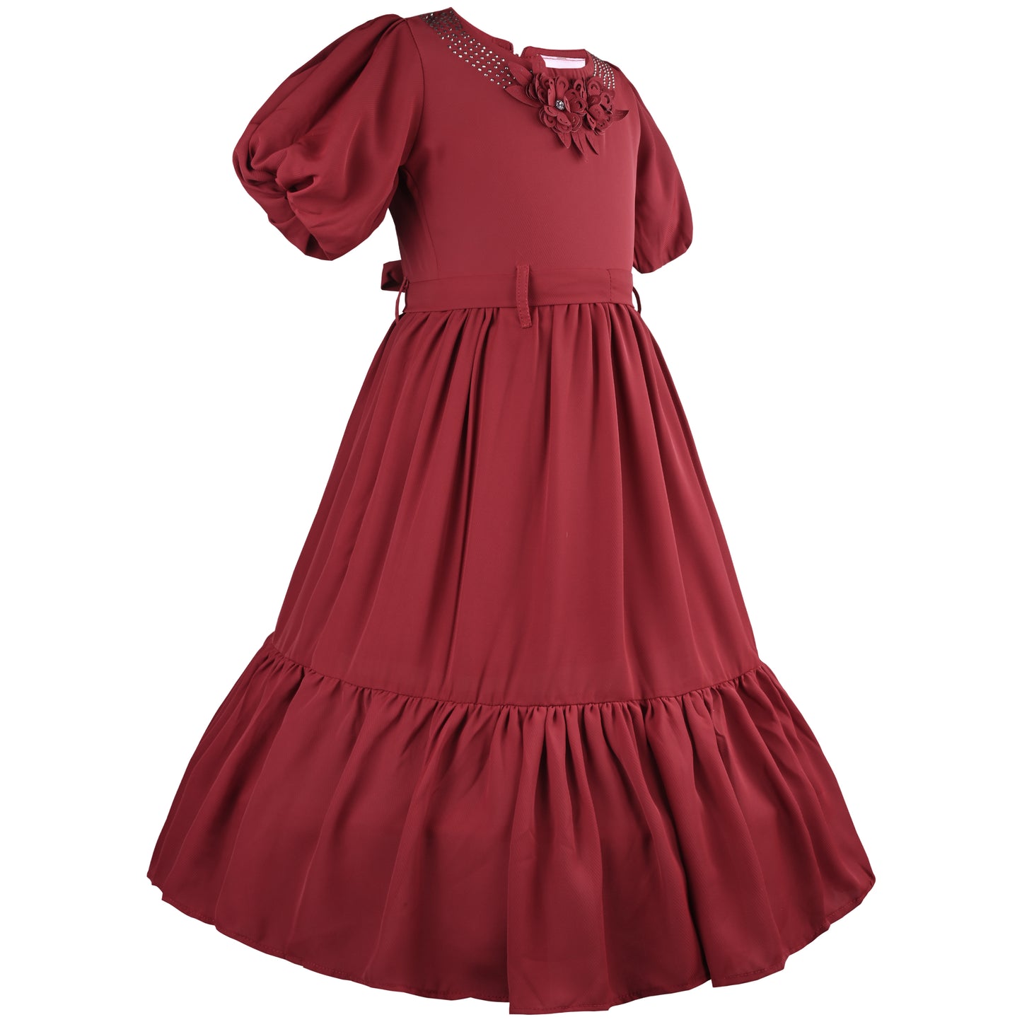 Girls Solid Puff Sleeve Fit and Flare Frock Dress