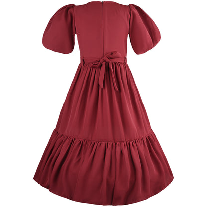 Girls Solid Puff Sleeve Fit and Flare Frock Dress