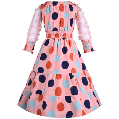 Girls Polka Print Bell Sleeve Fit and Flare Frock Dress