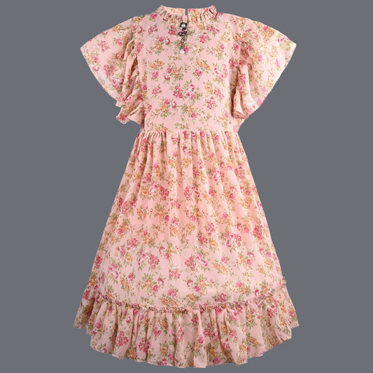 Girls Floral Print Flutter Sleeve Fit and Flare Frock Dress