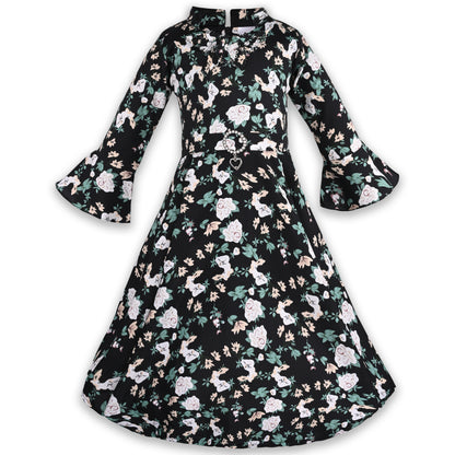 Girls Bell Sleeve Floral Print Fit and Flare Frock Dress