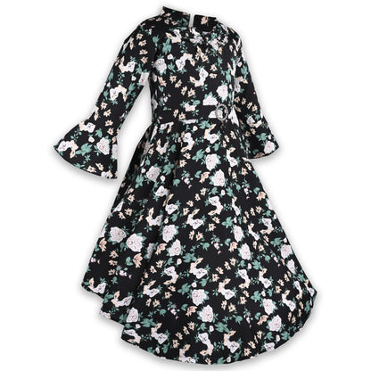 Girls Bell Sleeve Floral Print Fit and Flare Frock Dress