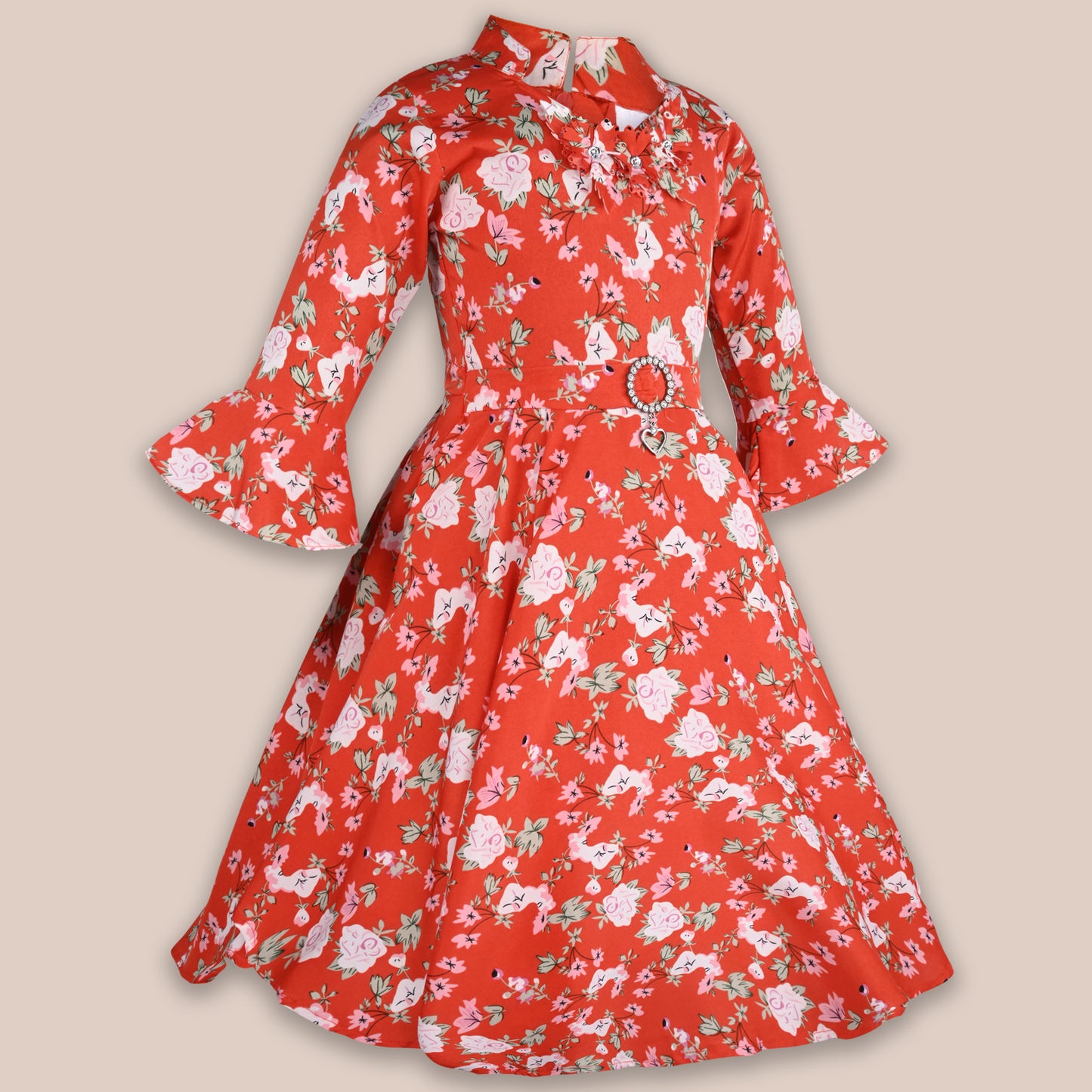 Girls Bell Sleeve Floral Print Fit and Flare Frock Dress