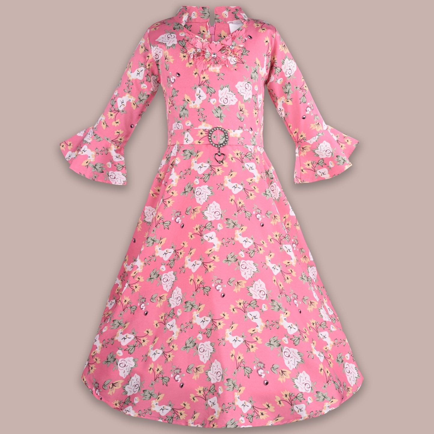 Girls Bell Sleeve Floral Print Fit and Flare Frock Dress