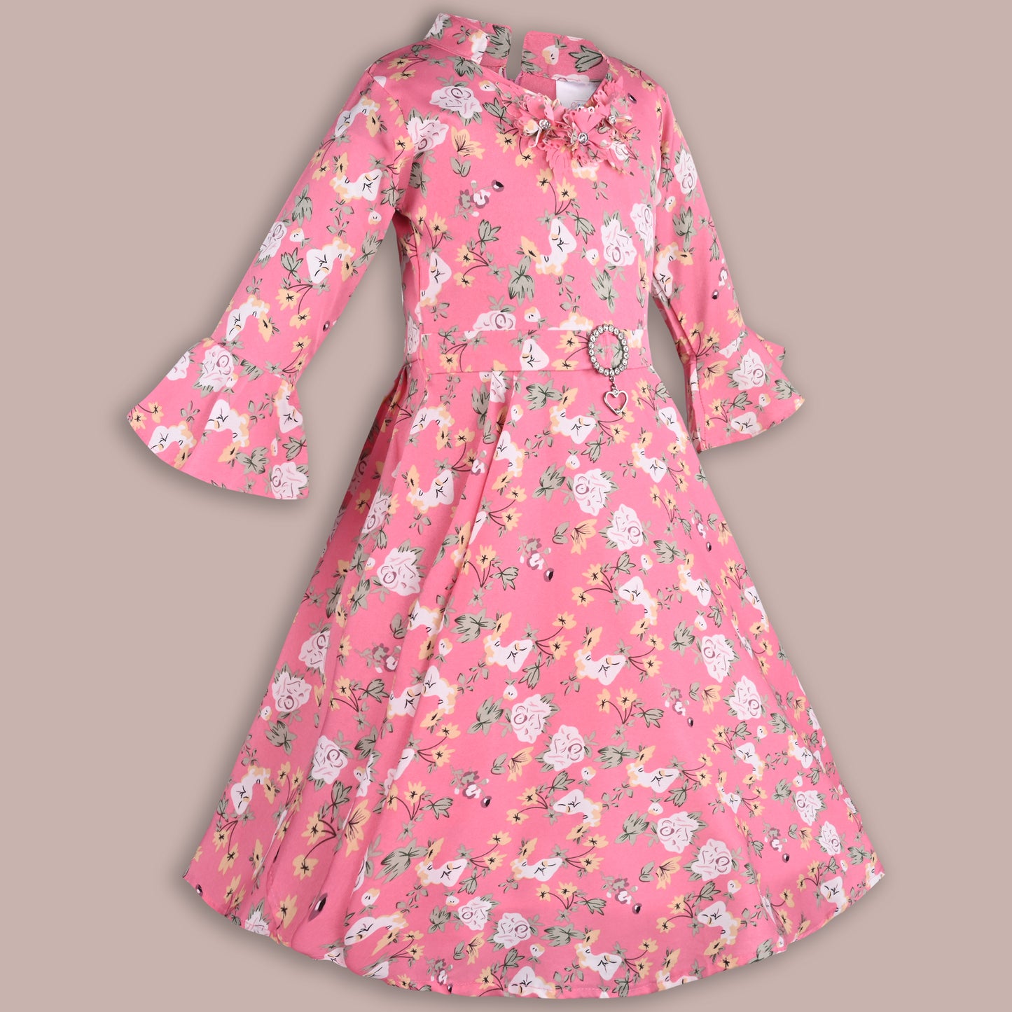 Girls Bell Sleeve Floral Print Fit and Flare Frock Dress