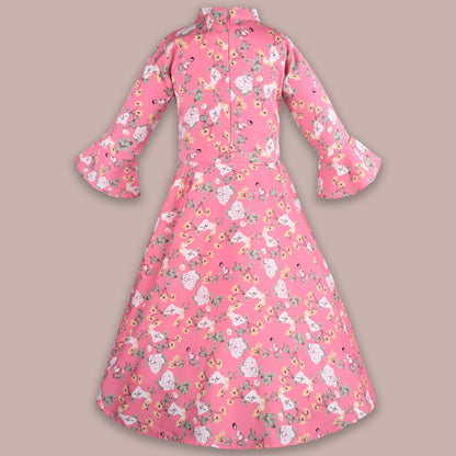 Girls Bell Sleeve Floral Print Fit and Flare Frock Dress