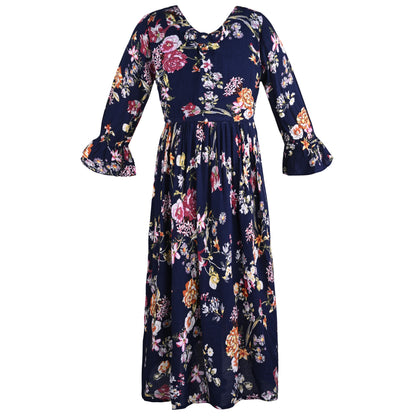 Girls Bell Sleeve Floral Print Fit and Flare Frock Dress