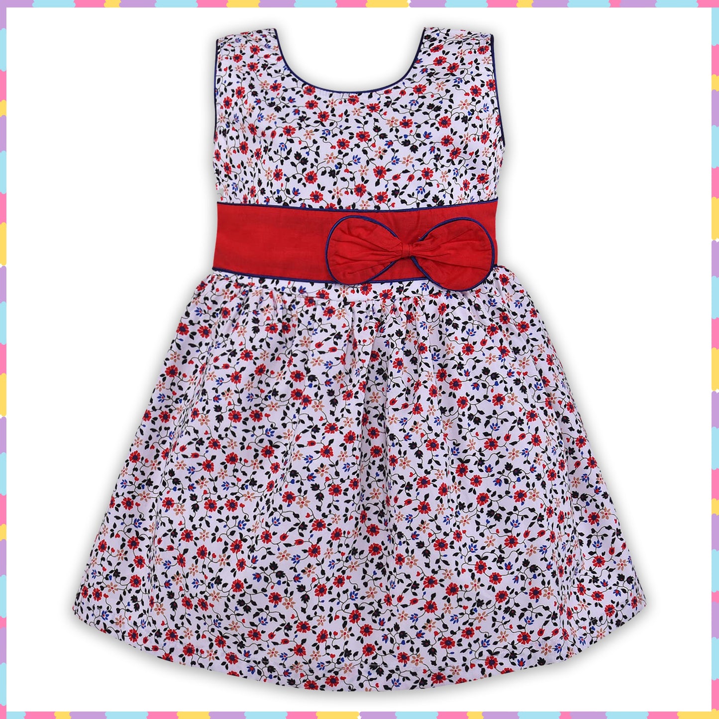 Girls Floral Printed Fit and Flare dress with bow detail