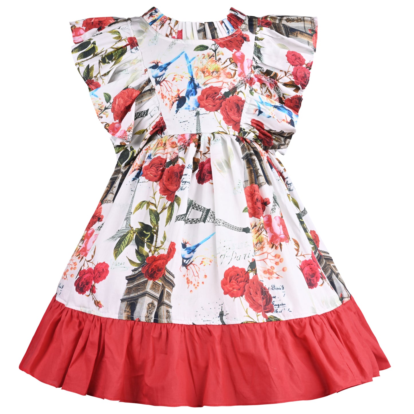 Girls Floral Print Flared Sleeve Fit and Flare Frock Dress