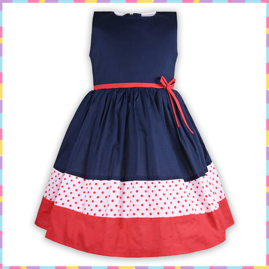 Baby Girls Dark Blue Bodice Dress/Red Ribbon Waist