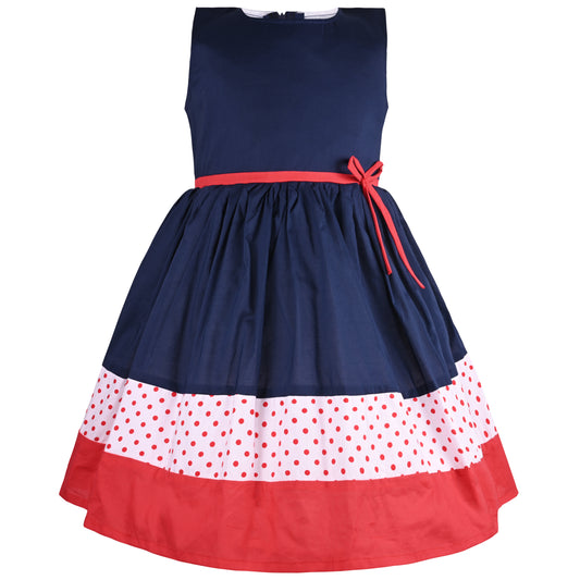 Baby Girls Dark Blue Bodice Dress/Red Ribbon Waist