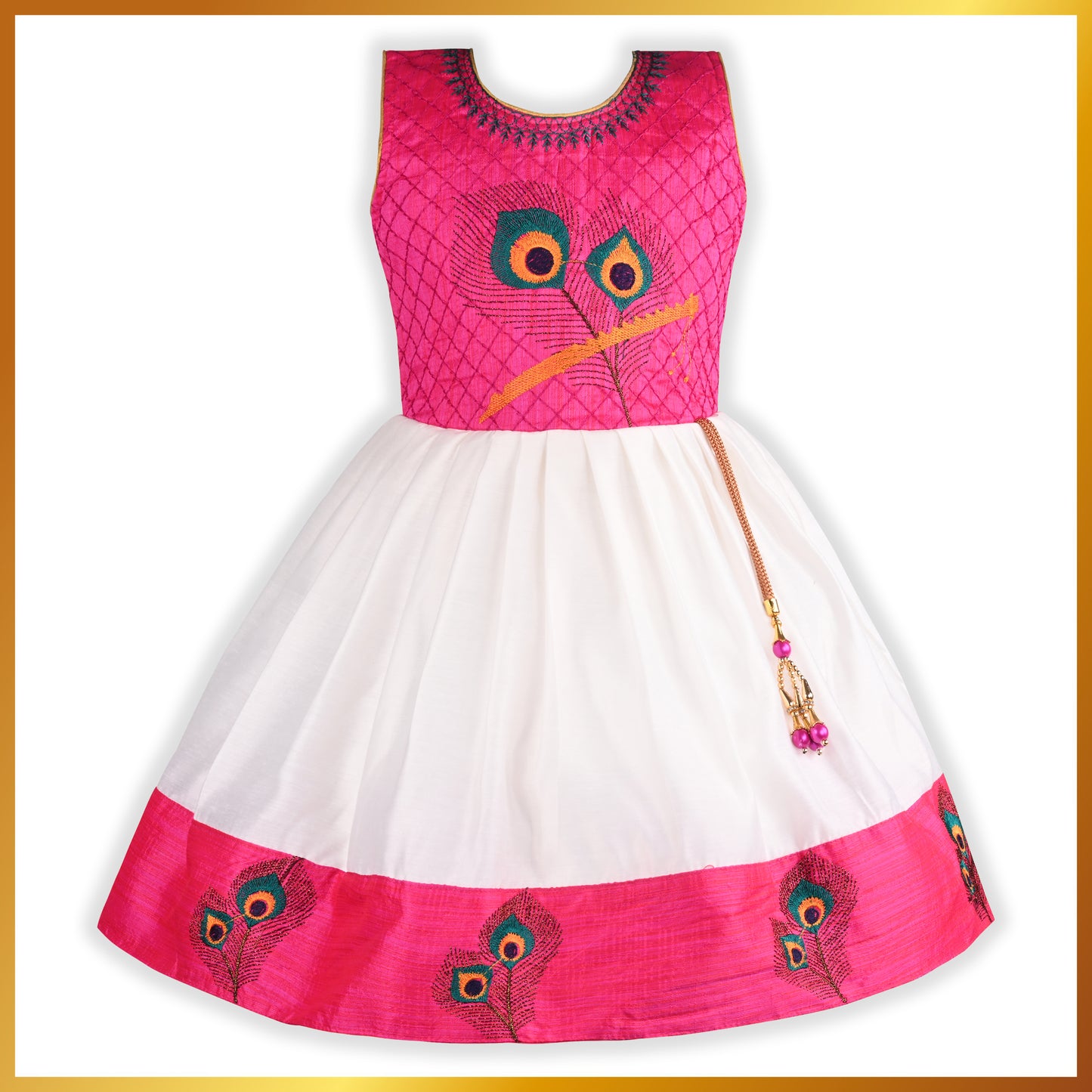 Girls Peacock Embroidered Pleated Dress